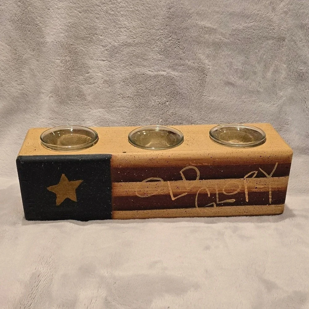 Primitive Old Glory Rustic Wood American Flag 3-Votive Candle‎ Holder Patriotic